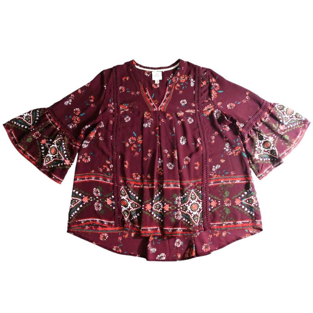 Knox Rose Women's Purple Floral 3/4 Bell Sleeve V-Neck Blouse XL X-Large